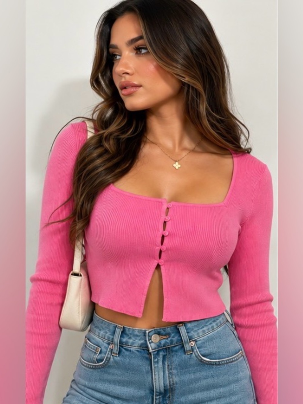 Primark Hot Pink Ribbed Button-Front Crop Top